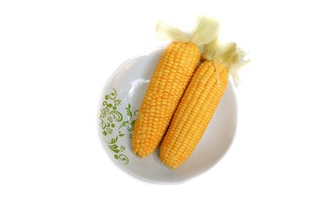 corn boiled on a plate on white background