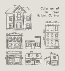 Fototapeta premium Doodle outline hand drawn buildings, houses, homes and public buildings vector illustrations