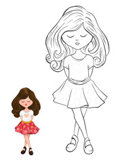 cartoon style cute little child full body standing position outline version for coloring books