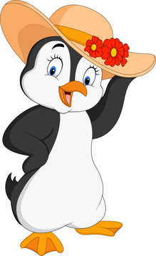 Cartoon penguin wearing summer straw 