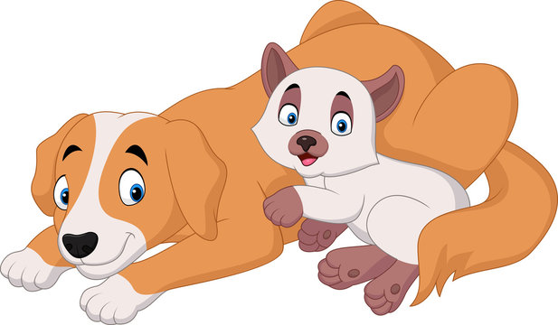 Cartoon cat and dog relaxing