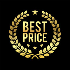 Gold Laurel Wreath. Best Price Award. Golden badge. Design element for sale, retailing theme. Sign for 1st place. Trophy for challenge. Symbol of victory and achievements. Business Vector illustration