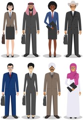 Business team and teamwork concept. Set of different detailed illustration of businessmen and businesswomen in flat style on white background. Different nationalities and dress styles. Vector.