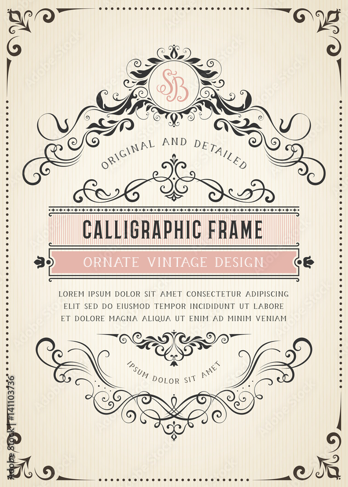 Leinwandbilder vertical vintage ornate template with monogram and typographic design, calligraphy swirls and swashe