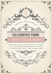 Vertical vintage ornate template with monogram and typographic design, calligraphy swirls and swashes. Can be used for retro invitations and royal certificates. Vector illustration. © KatyaKatya