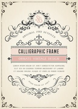 Vertical vintage ornate template with monogram and typographic design, calligraphy swirls and swashes. Can be used for retro invitations and royal certificates. Vector illustration.