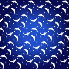 фон сине-голубой с белыми силуэтами дельфинов и кругов