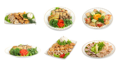 Set of festive meals of meat and vegetables  isolated