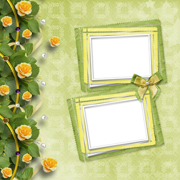 Beautiful greeting card with yellow roses and paper frame