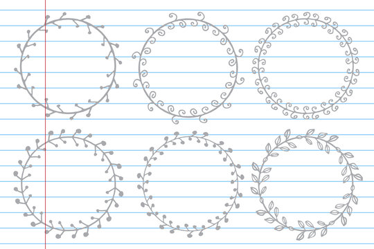 Set of doodle floral and leaf circle frames.illustration vector
