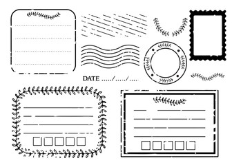 Blank postal stamps and foliage set.illustration vector