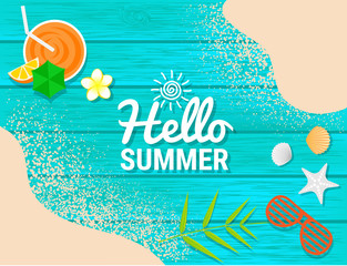 Naklejka premium Beach items and Sand on blue wooden for summer concept