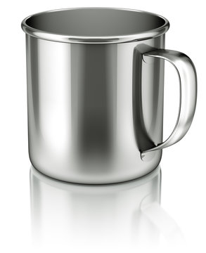 Stainless steel cup on white reflective background