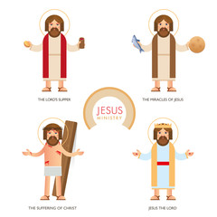 Jesus Life and ministry. Vector symbolic image of Jesus symmetrically modern, events from the life and ministry of Jesus icon