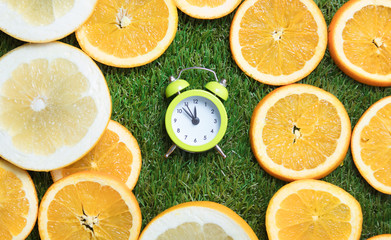 Fototapeta na wymiar photo of cute alarm clock near dried orange slices on the wonderful green grass background