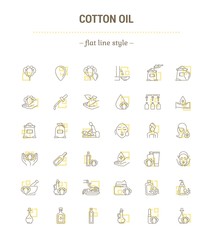 Vector graphic set. Icons in flat, contour, thin, minimal and linear design.Cottonseed oil.Herbal products of cosmetic and food industries.Simple isolated icons.Concept for Web site.Sign, symbol.