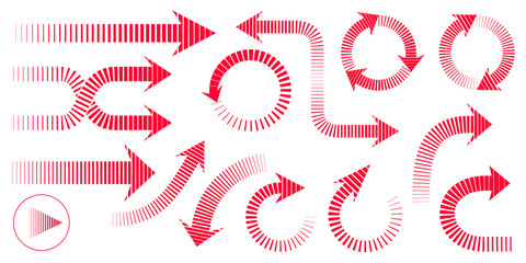 Set of red striped arrows. Isolated on background.