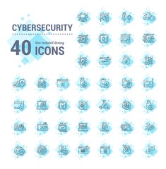 Vector graphic set. Icons in flat, contour, thin, minimal and linear design.Cybersecurity. Protection of virtual electronic data, operations.Concept illustration for Web site.Sign, symbol.