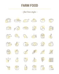 Vector graphic set. Icons in flat, contour, thin, minimal and linear design.Farmer fresh product. Animal and plant food.Healthy nutrition. Natural food.Concept simple isolated icons.Sign, symbol.