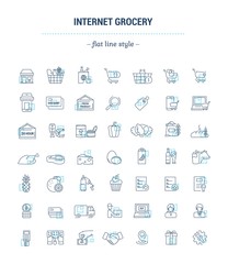 Vector graphic set. Icons in flat, contour, thin, minimal and linear design.Online shopping. Online order and delivery of fresh products at home.Concept illustration for Web site, app.Sign, symbol.