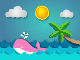 Fototapeta na wymiar Pink whale swimming in the sea and coconut tree with the sun for summer concept