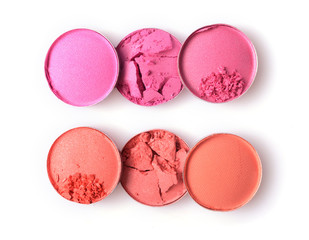 Round pink and orange crushed eyeshadow for makeup as sample of cosmetic product