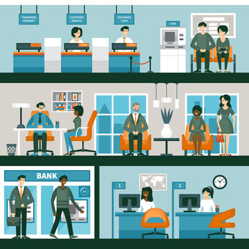 People in bank interior. Banking and consulting concept with character design. Vector illustration