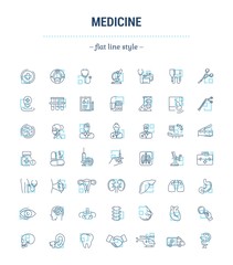 Vector graphic set. Icons in flat, contour, thin, minimal and linear design.Medicine. Branches of Medicine. Medical education.Treatment of diseases.Concept illustration for Web site.Sign, symbol.