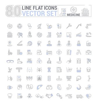 Vector graphic set. Icons in flat, contour, thin, minimal and linear design.Medicine. Branches of Medicine. Medical education.Treatment of diseases.Concept illustration for Web site.Sign, symbol.