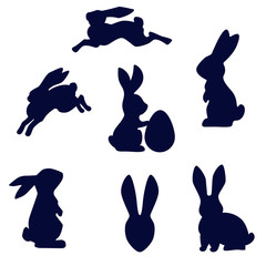 Fototapeta premium Easter running, looking up and standing with egg rabbits black silhouette. Set of Easter bunny outlines isolated on white background. 