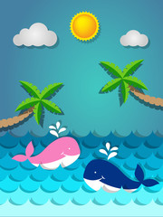 Fototapeta na wymiar Whale swimming in the sea and coconut tree on the beach with the sun for summer concept