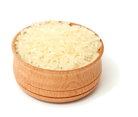 rice on wood plate isolated on white background