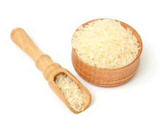 rice on wood plate isolated on white background