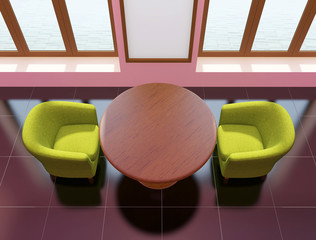 Cafe interior with wooden table and green armchairs