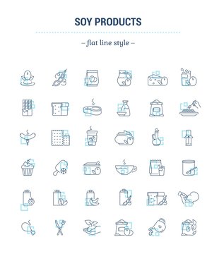 Vector graphic set. Icons in flat, contour, thin, minimal and linear design.Soy products. natural vegetable food..Simple isolated icons.Concept illustration for Web site.Sign, symbol.