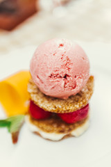 Strawberry ice cream dish with fresh cookie