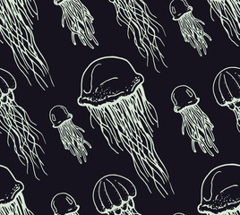 seamless pattern with contour of jellyfishes on dark background © sokolovaju