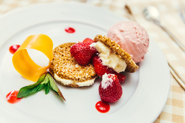 Strawberry ice cream dish with fresh cookie