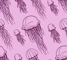 seamless pattern with contour of jellyfishes on rose background © sokolovaju