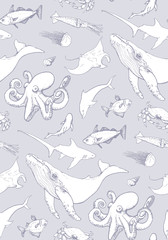 seamless pattern with sea animals on colored in blue background © sokolovaju