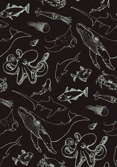 seamless pattern with sea animal contours on dark background © sokolovaju