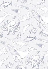 seamless pattern with sea animals on colored in light  blue background