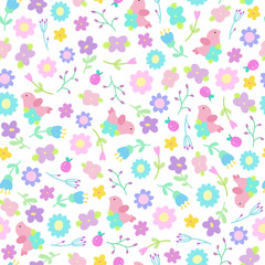 Cute flowers and birds seamless pattern. Vector hand drawn cartoon background