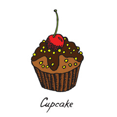 Chocolate cupcake with cherry on top, hand drawn doodle, sketch in pop art style, vector