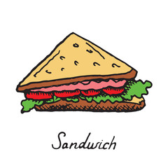 Sandwich with meat, tomatoes and lettuce , hand drawn doodle, sketch in pop art style, vector