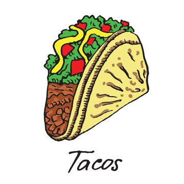 Traditional Mexican Tacos, hand drawn doodle, sketch in pop art style, vector
