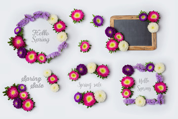 Spring flowers frames set for mock up template design. View from above. Flat lay