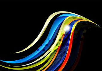 Colorful wave lines with light and shadow effects on black