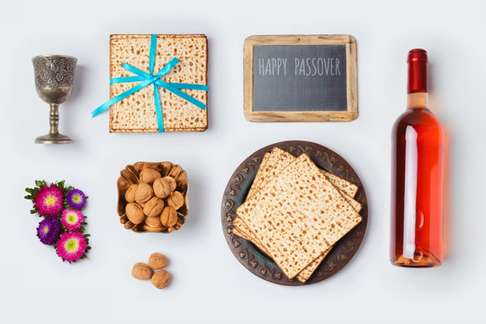 Jewish holiday Passover food and wine for mock up template design. View from above. Flat lay