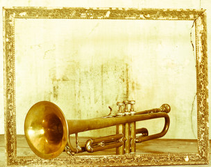 Naklejka premium A musical three-dimensional picture of an ancient trumpet Jazz